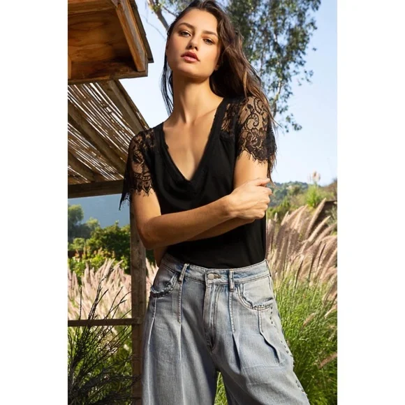 POL Black V Neck Lace Sleeve Rayon Jersey Tee - Picture 2 of 6